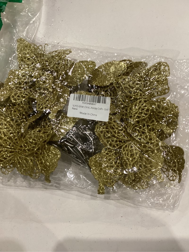 Condition photo showing New/Like New for 16 PCS Glitter Christmas Decorations, 2 Styles Hollow Butterfly Ornaments with Clips, Artificial Butterfly Ornaments Decoration for Christmas Tree, Holiday Crafts - Gold