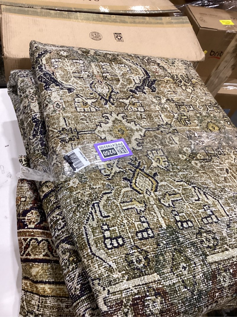 Condition photo showing New/Like New for loloi layla collection lay-03 olive/charcoal 9'-0" x 12'-0" .13" thick area rug, soft, durable, vintage inspired, distressed, low pile, non-shedding, easy clean, printed, living room rug