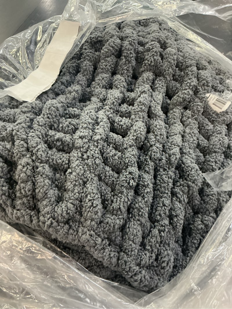 Condition photo showing As Is for L'AGRATY Chunky Knit Blanket Throw: 60''x80'' Chenille Chunky Knitted Throw Blankets for Twin Bed Couch - Handmade Thick Cable Knit Blanket - Large Crochet Rope Blankets for Home Decor(Dark Grey)