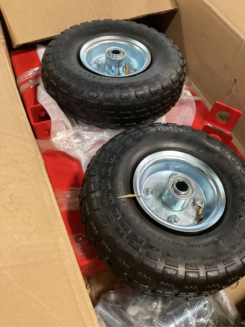 Condition photo showing As Is for lawn mower wheels sulky, walk behind mower-sulky, lawn trailer with dual 10" vacuum tires for mower, easy forward & reverse lawn mower trailer, red dual wheels