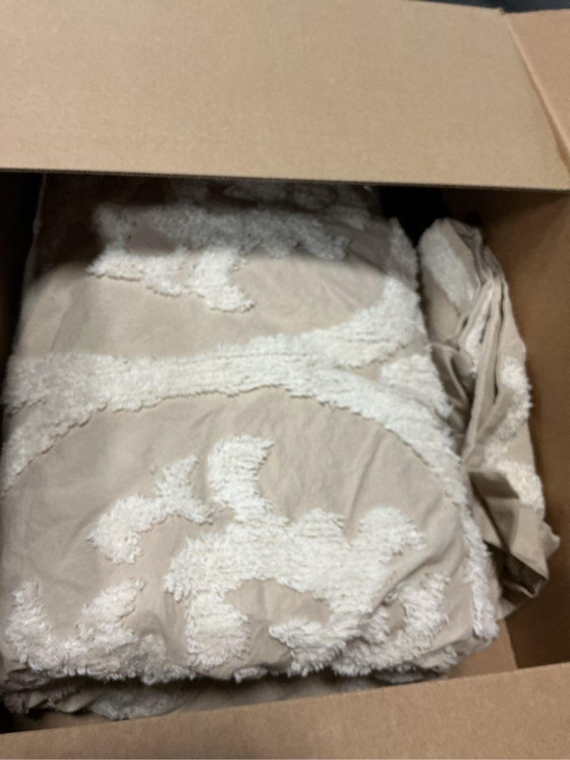 Condition photo showing As Is for Madison Park Tufted Chenille 100% Cotton Duvet Modern Luxe All Season Comforter Cover Bed Set with Matching Shams, Full/Queen(90"x90"), Damask Taupe 3 Piece