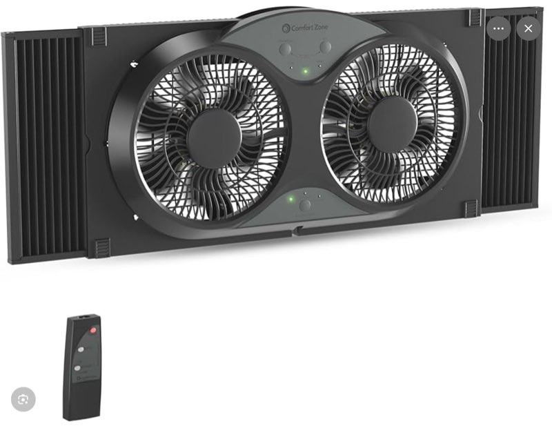 comfort zone 9-inch reversible twin window fan with remote control – 3-speed dual blade fan with exhaust, cooling & circulate modes, expandable width 23.5\" to 37\", removable bug screen & tabletop feet black 3-speed w/remote
