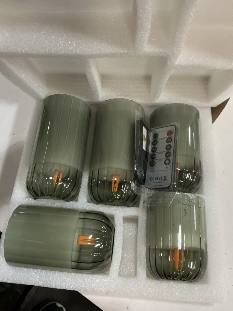 Condition photo showing As Is for Green Flameless Battery Operated Candles with Remote, Set of 5 Glass Jar LED Candles with Dancing Flame, Flickering Electric Candlelight for Home Fall Halloween Party Decor H4”5”5”6" 6”