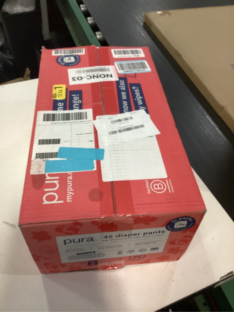 Condition photo showing New/Like New for Pura Hypoallergenic Diaper Pants Size 8 (41+ lbs) Overnight, up to 12 Hours Leak Protection, Suitable for Sensitive Skin, Totally Chlorine Free, Soft Organic Cotton, 3 Packs of 15 (45 Pull Up Pants) Size 8 (45 Diaper Pants)
