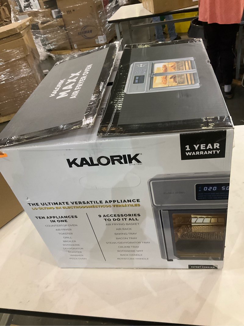 Condition photo showing Good Condition for Kalorik MAXX Air Fryer Oven, 26 Quart 10-in-1 Countertop Toaster Oven & Air Fryer Combo - Fry, Bake, Roast, Rotisserie, & More, Large Glass French Doors & 9 Accessories, 1700-Watts, Stainless Steel