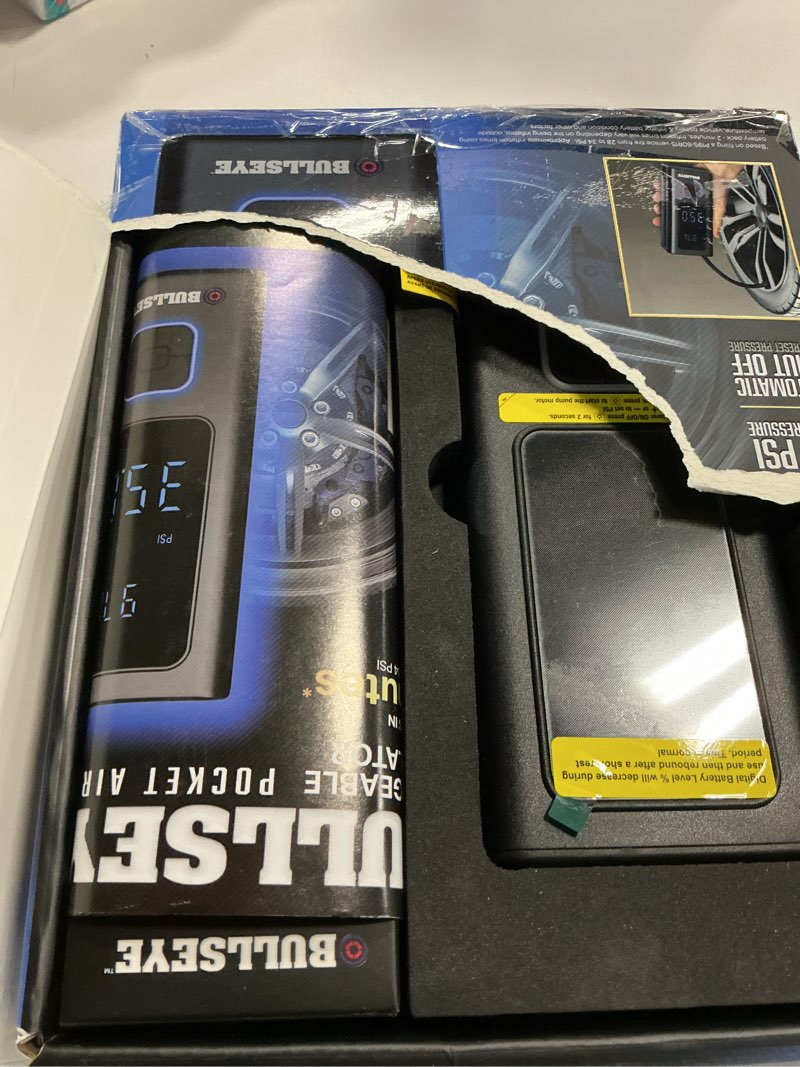 Condition photo showing New/Like New for pocket air pro tire inflator portable air compressor by bullseye pro for tires, balls, bike with persta valve, auto shut off, inflates in 2 min, cordless rechargeable 6000mah,150 psi, sos light pro 6000mah