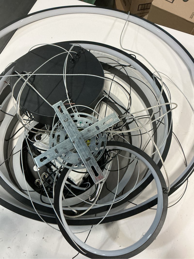 Condition photo showing As Is for 5-Rings Modern LED Chandelier Black Dimmable Chandeliers for Dining Room, High Ceiling Chandelier with Remote Control for Foyer Living Room Entryway Staircase(D23.6’’, 3000K-6500K)