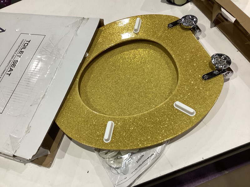 Condition photo showing Good Condition for angol shiold glitter toilet seat molded wood round toilet seat with quietly close and quick release hinges, easy to install also easy to clean (round 16.5'', gold) round 16.5‘’ gold