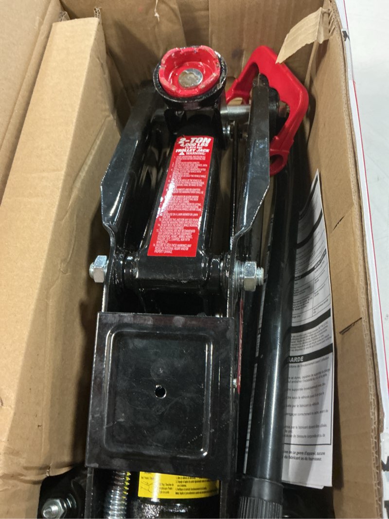 Condition photo showing As Is for hyper tough t82011w trolley jack, work for sedan and coupe, 2 ton black