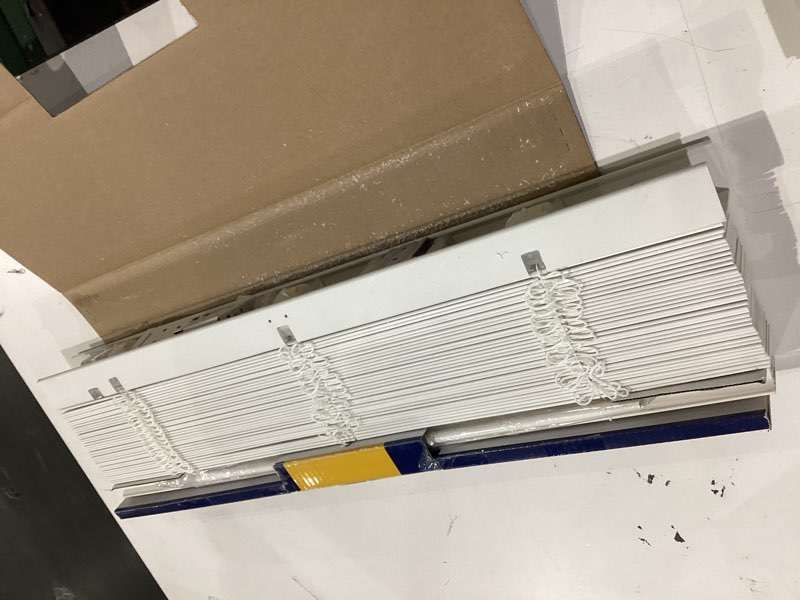 Condition photo showing As Is for levolor basics cordless light filtering faux wood blinds, easy to install 2” blinds for windows, timeless look, fits up to 34” width and 64” length, home solution for any space or room 34"w x 64"h white 1