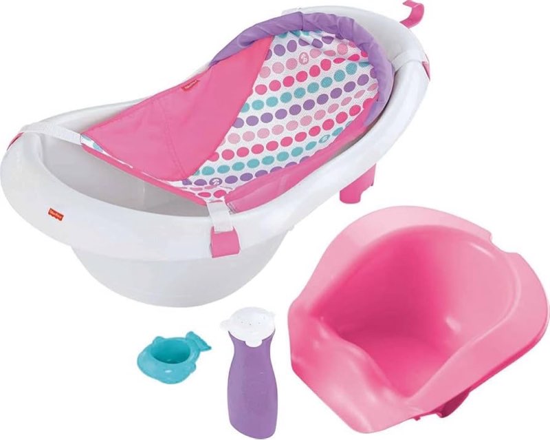Fisher-Price Baby to Toddler Bath 4-In-1 Sling ‘N Seat Tub with Removable Infant Support and 2 Toys, pink