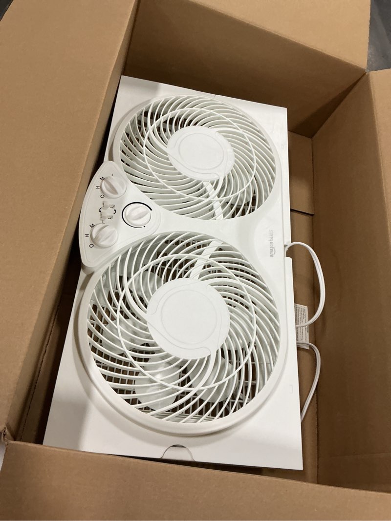 Condition photo showing Good Condition for Amazon Basics Window Fans for Home Bedroom, Twin Heads, Cooling Airflow, Exhaust, Expandable Side Panel Manual Control, 3 Speeds, 63W, 9 inch, White
