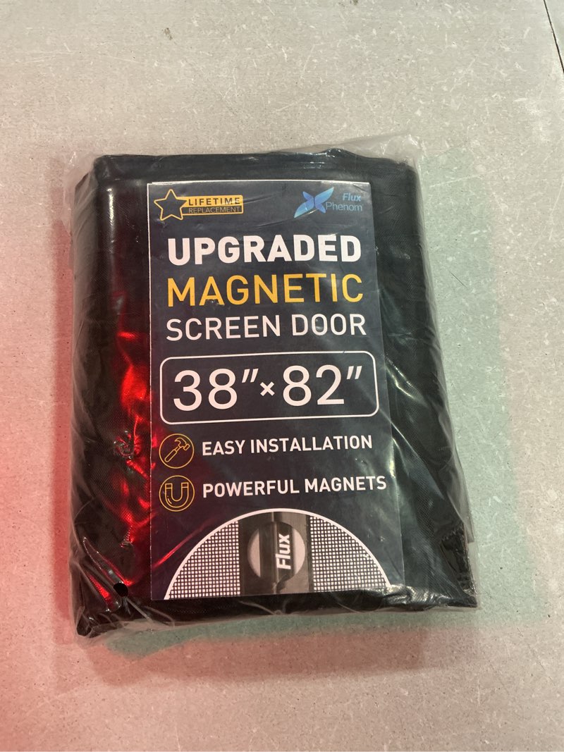 Condition photo showing New/Like New for flux phenom magnetic screen door - bugs out, breeze in - 9min install auto-sealing heavy duty double stitched mesh, 52 magnets, hands free sliding & patio doors net, pet & kid friendly, 38 x 82 inch black 38"x82"
