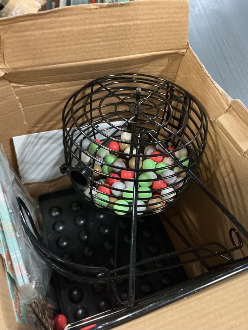 Condition photo showing As Is for Deluxe Christmas Bingo Set - 8 Inch Metal Cage with Random Ball Selector, 50 Holiday Bingo Cards. Perfect for Family Game Nights, Christmas Parties, Large Groups & Senior Activities.