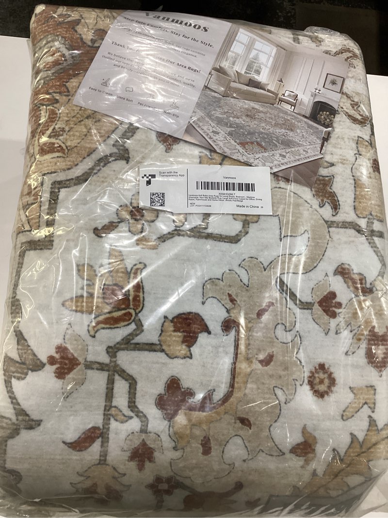 Condition photo showing New/Like New for 6x9 Area Rugs for Living Room, Bedroom - Machine Washable, Non-Slip Bedside Rug, Large Soft Floor Carpet for Office, Dining Room, Farmhouse and Home Decor, Artistic Flair/Beige 6' x 9' Artistic Flair / Beige