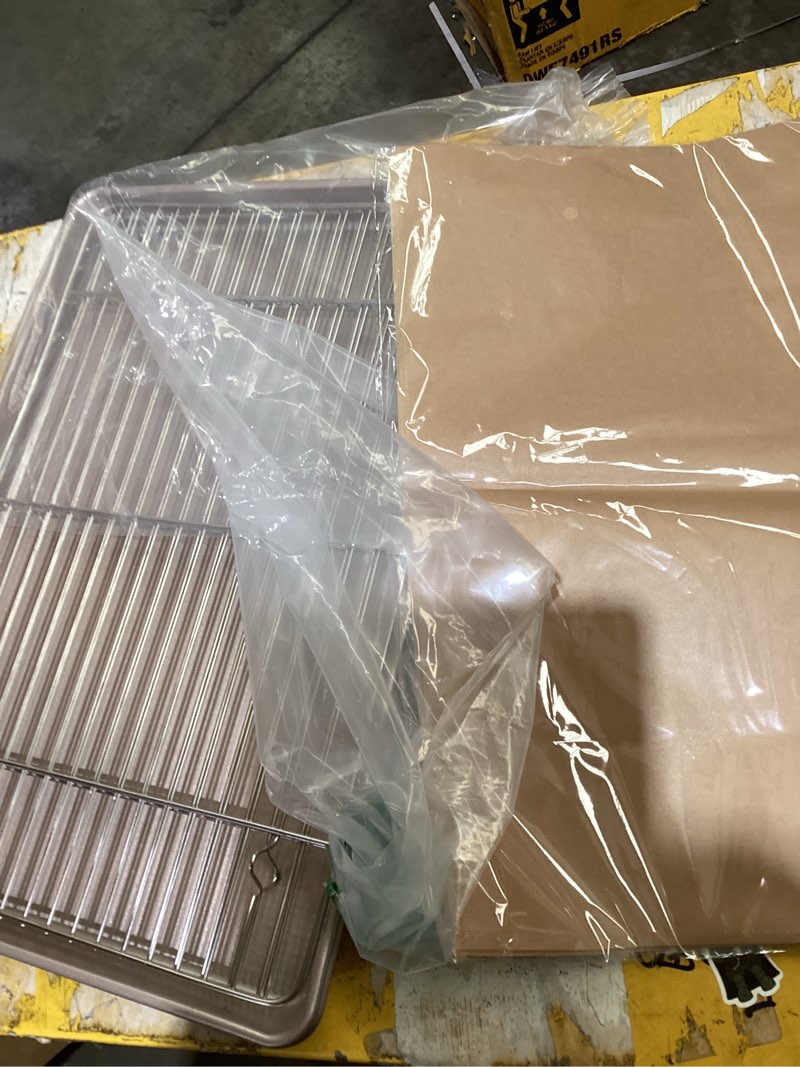 Condition photo showing As Is for baking sheet with rack set (2 pans + 2 racks), 16 x 12 x 1 inch stainless steel cookie sheet baking pan tray with cooling rack, jelly roll pan with wire rack, warp resistant & heavy duty & rust proof 16*12*1 inch (2 pans+2 racks)