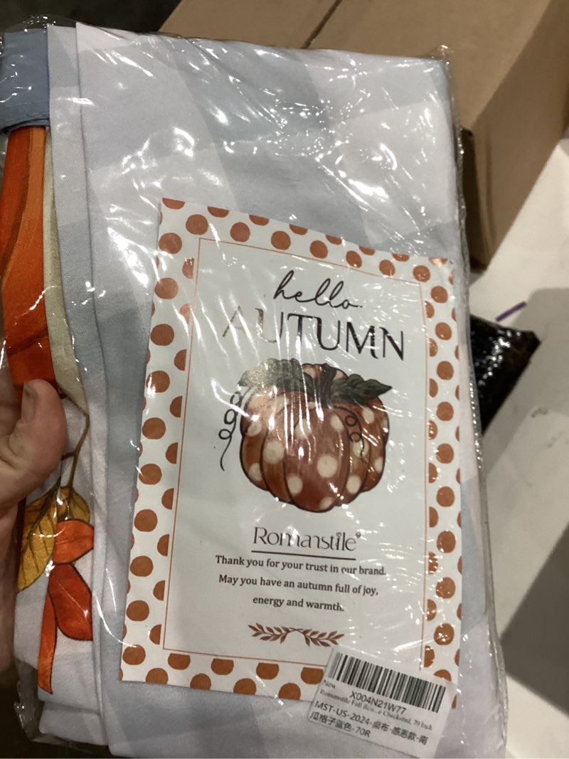 Condition photo showing New/Like New for Romanstile Fall Round Tablecloth, Thanksgiving Autumn Harvest Pumpkin Buffalo Plaid Table Cloth, Stain Resistant Washable Table Cover for Party/Dining/Holiday- Grey Blue Checkered, 70 Inch Pumpkingreyblue 70" (Round)