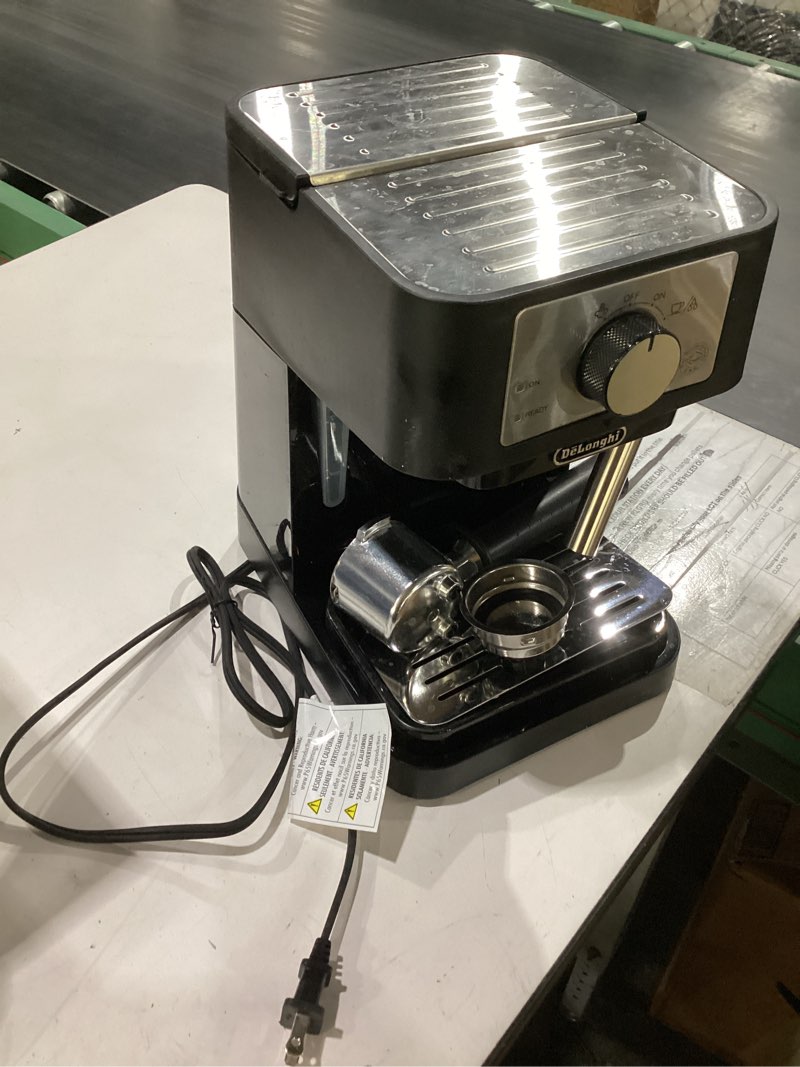 Condition photo showing As Is for de'longhi stilosa manual espresso machine, compact coffee maker, 15 bar pump pressure, manual milk frother steam wand for authentic single & double espresso, lattes & cappuccinos, tamper included stliosa espresso machine
