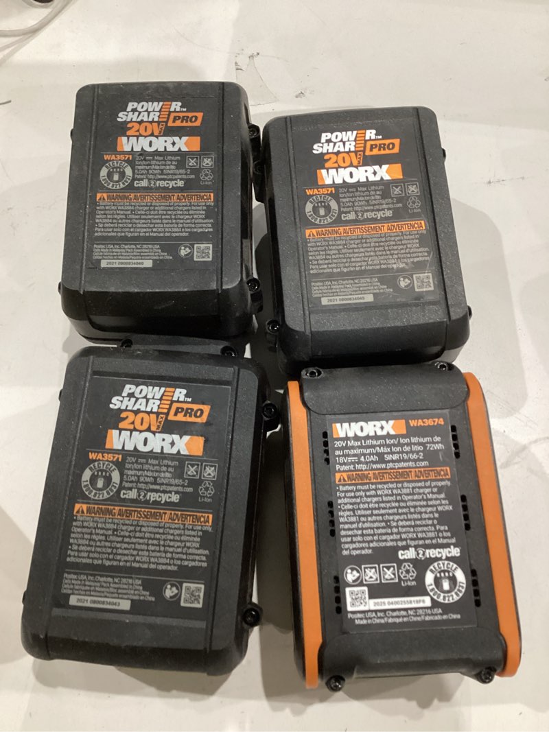 Condition photo showing As Is for Assrtment of 4 Worx 20v max lithium battery