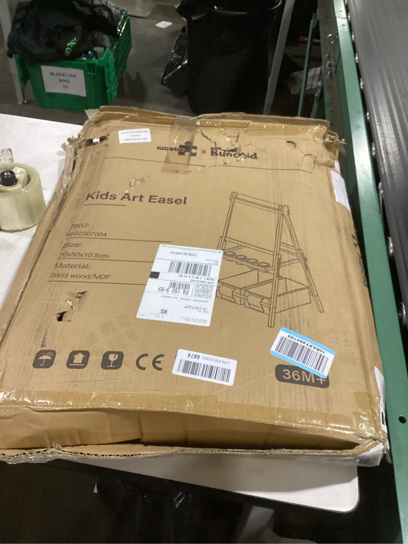 Condition photo showing New/Like New for kids easel including 100+ accessories, rundad double sided wooden easel for kids age 3-8 with magnetic chalkboard & painting board, free height adjustable art easel supplies for toddlers free height adjustment