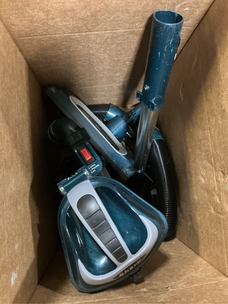Condition photo showing As Is for shark upright vacuum, navigator lift-away deluxe with large dust cup capacity, hepa filter, swivel steering, upholstery tool & crevice tool, blue, nv360