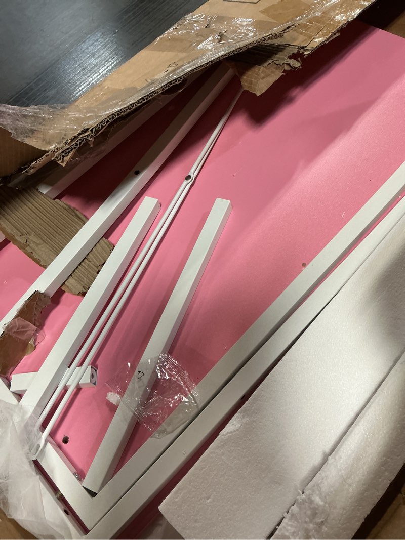 Condition photo showing As Is for (Incomplete,missing pcs)Aheaplus L Shaped Gaming Desk with Power Outlets & LED Lights, Small L- Shaped Desk Computer Corner Desk with Monitor Stand & Storage Shelf, Home Office Desk Writing Desk with Storage Bag, Pink Pink 49Inch
