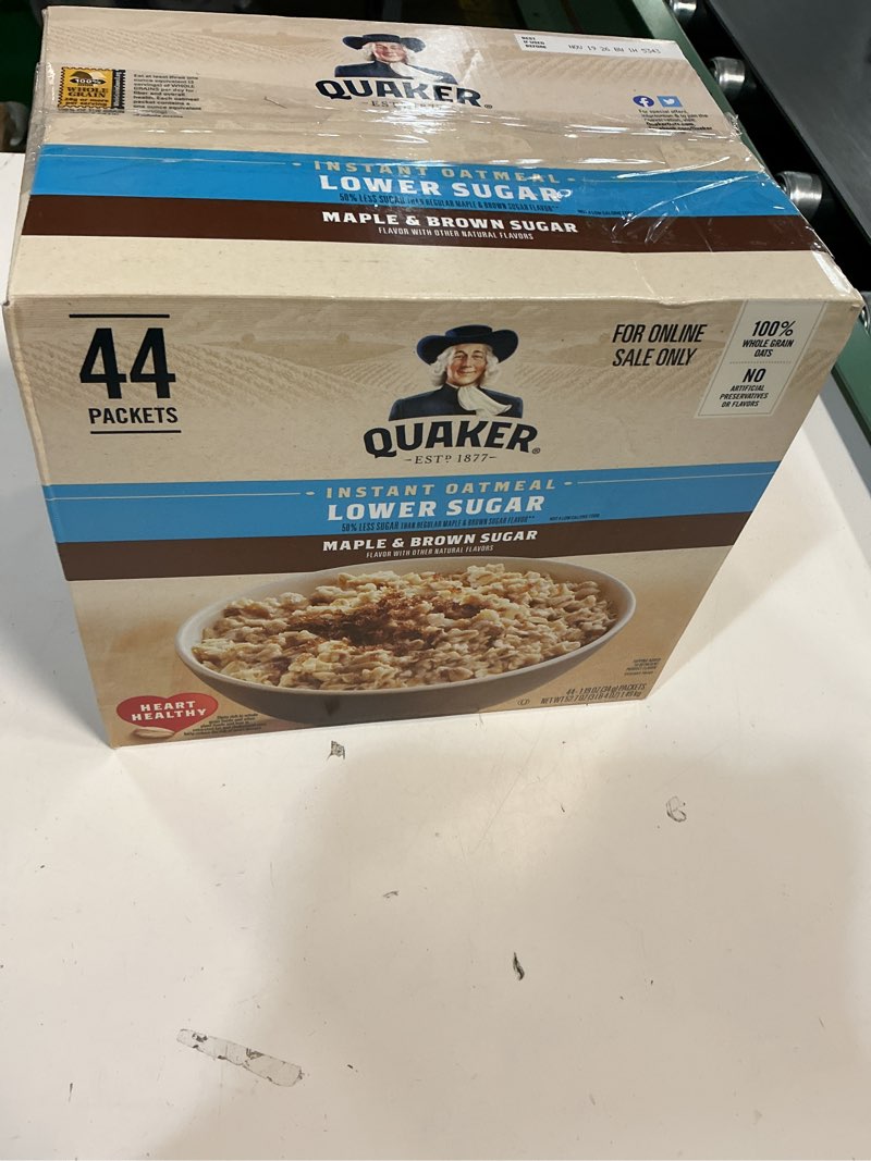 Condition photo showing New/Like New for (Best by Nov-16-2026)Quaker Instant Oatmeal, Lower Sugar, Maple & Brown Sugar, 1.19 oz Packets, 44 Packets