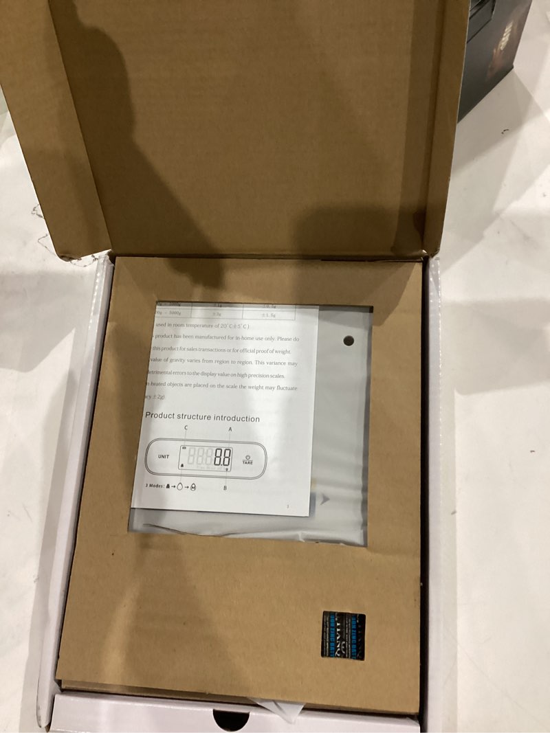 Condition photo showing New/Like New for BOMATA Waterproof IPX6 Kitchen Scale, 0.1 g/0.01 oz High Precision, 5 kg/11 lbs, Digital Scale with Backlight, Stainless Steel Weighing Platform, for Food, Cooking, Baking, Weight Loss.. B619, Grey 0.1g/5kg Non-rechargeable Black