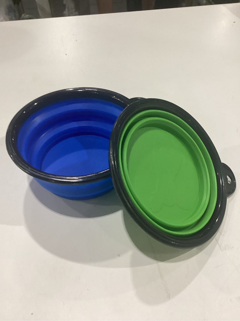 Condition photo showing Good Condition for dog bowl pet collapsible bowls, 2 pack for cats dogs, portable pet feeding watering dish for walking parking traveling with 2 carabiners (small, blue+green) small blue+green