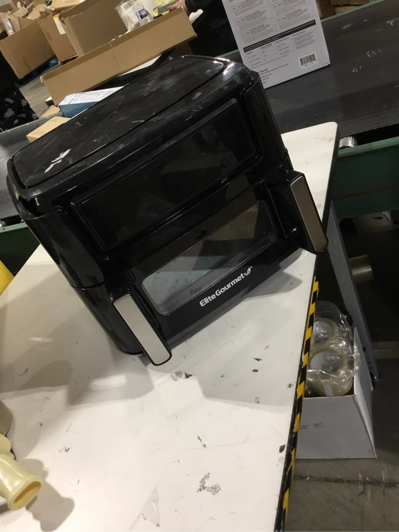 Condition photo showing As Is for Elite Gourmet Dual Zone Air Fryer Oven, 11QT Capacity with Divider, PFAS Free Nonstick, SYNC FINISH, 10 Preset Functions, Bake, Roast, Broil, Air Fry, Toast, Dehydrate, 1600W, with 25 Recipes, Black 11 Quart Black