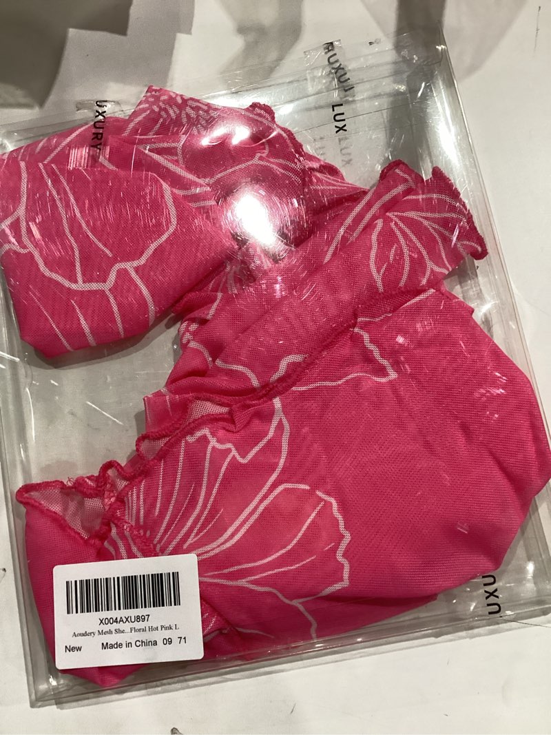 Condition photo showing Good Condition for Women's Sheer Floral Long Sleeve Layering Top Ruffled Mock Neck Sheer Blouse for Casual Brunch Party Club Night Date Outfits Large Floral Hot Pink