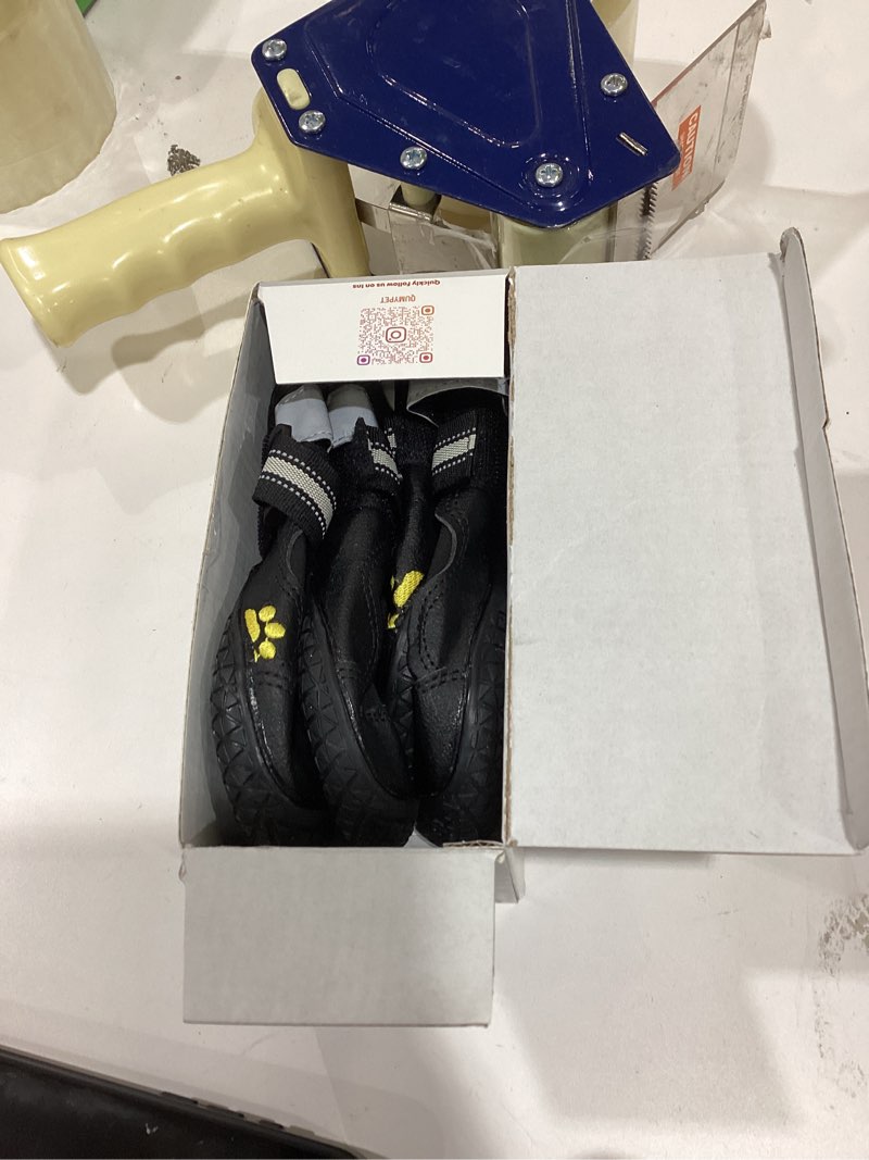 Condition photo showing As Is for QUMY Dog Shoes for Large Dogs, Medium Dog Boots & Paw Protectors for Winter Snowy Day, Summer Hot Pavement, Water-Resistant in Rainy Weather, Outdoor Walking, Indoor Hardfloors Skid-Resistant Sole Black Size 6: 2.6''x3.0''(W*L) (Pack of 4)