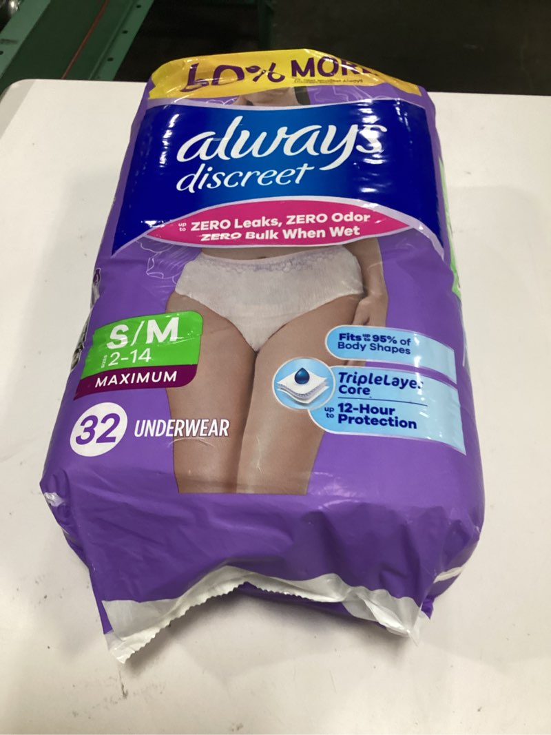 Condition photo showing New/Like New for always discreet adult diapers for women, incontinence underwear, postpartum essentials, disposable briefs, max absorbency, bladder leak protection, small/medium, 32ct small/medium 32