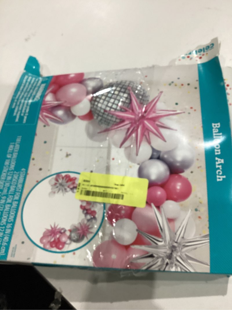 Condition photo showing As Is for pink/silver/white disco balloon arch, 131 pieces, by way to celebrate
