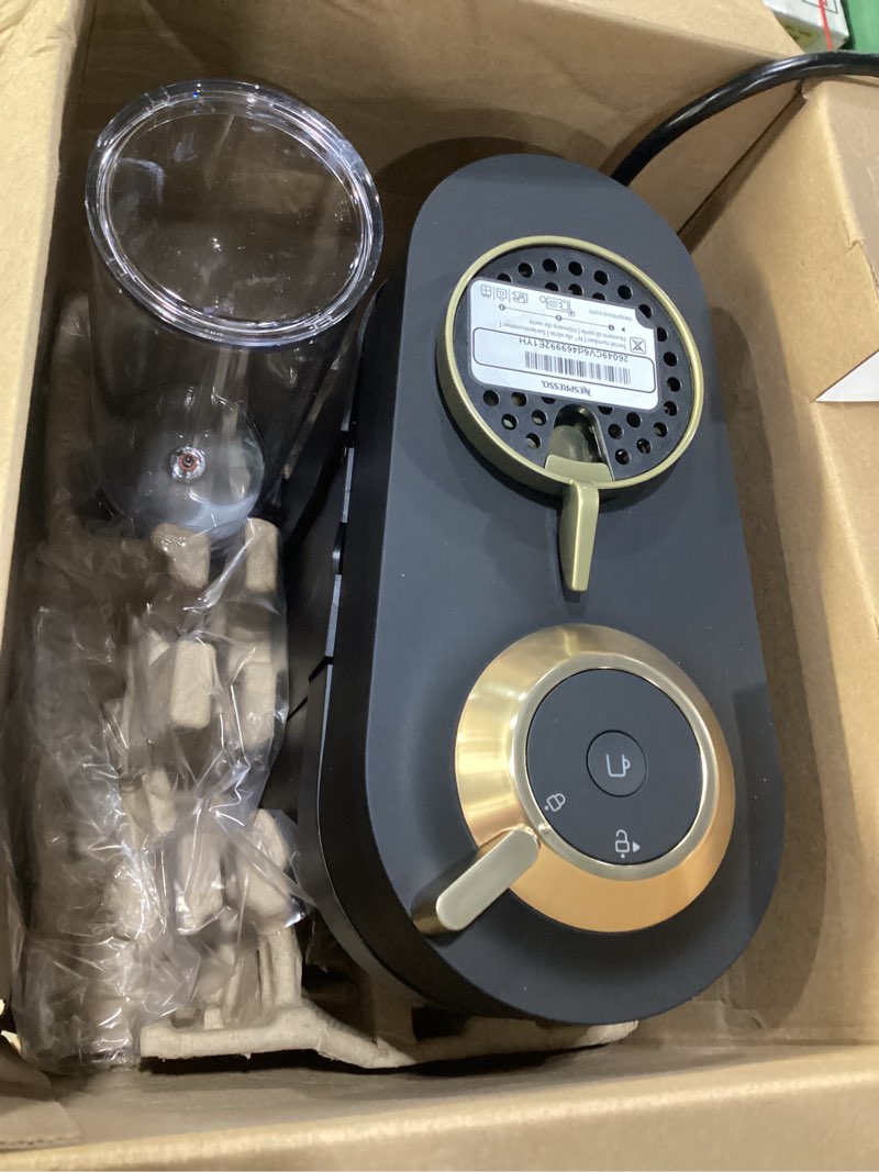 Condition photo showing New/Like New for **untested** nespresso vertuo pop+ coffee and espresso maker by breville, matte black gold machine only matte black gold