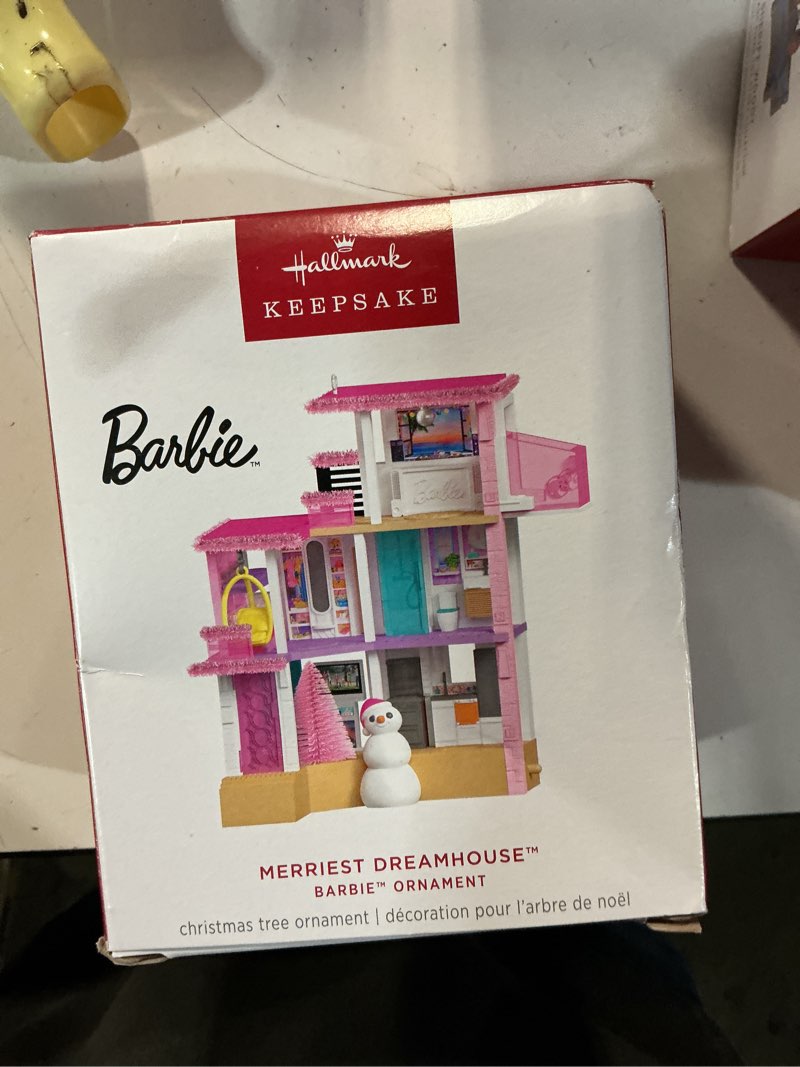 Condition photo showing New/Like New for hallmark keepsake barbie christmas ornament, merriest dreamhouse musical with light, gifts for barbie fans merriest barbie dream house