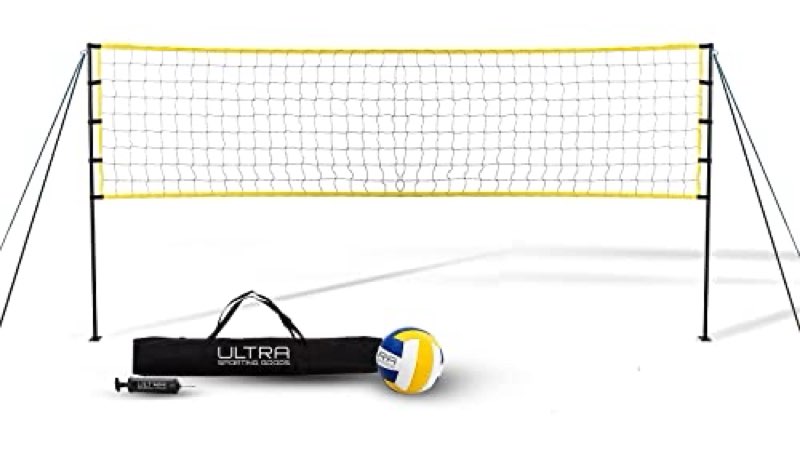 ultra sporting goods volleyball net - includes 32x3 feet regulation size net, 8.5-inch pu volleyball, carrying bag, boundary lines, steel poles & pump - height adjustable for men, women & co-ed games