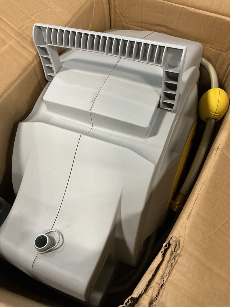 Condition photo showing As Is for 130 ft x 1/2" retractable garden hose reel, heavy duty water hose reel wall mounted, any length lock, 180°swivel, water hose with 8-function nozzle for cleaning, watering (yellow) 1/2 in 130ft+6.5ft yellow