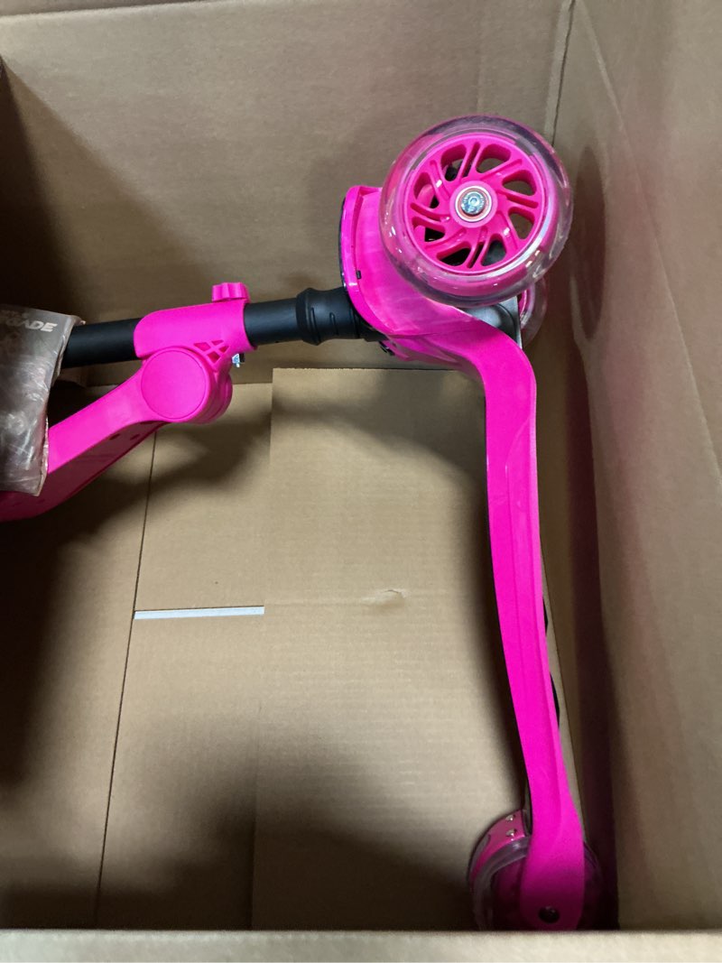 Condition photo showing As Is for hurtle 3-wheeled scooter for kids - wheel led lights, adjustable lean-to-steer handlebar, and foldable seat - sit or stand ride with brake for boys and girls ages 1-14 years old pink