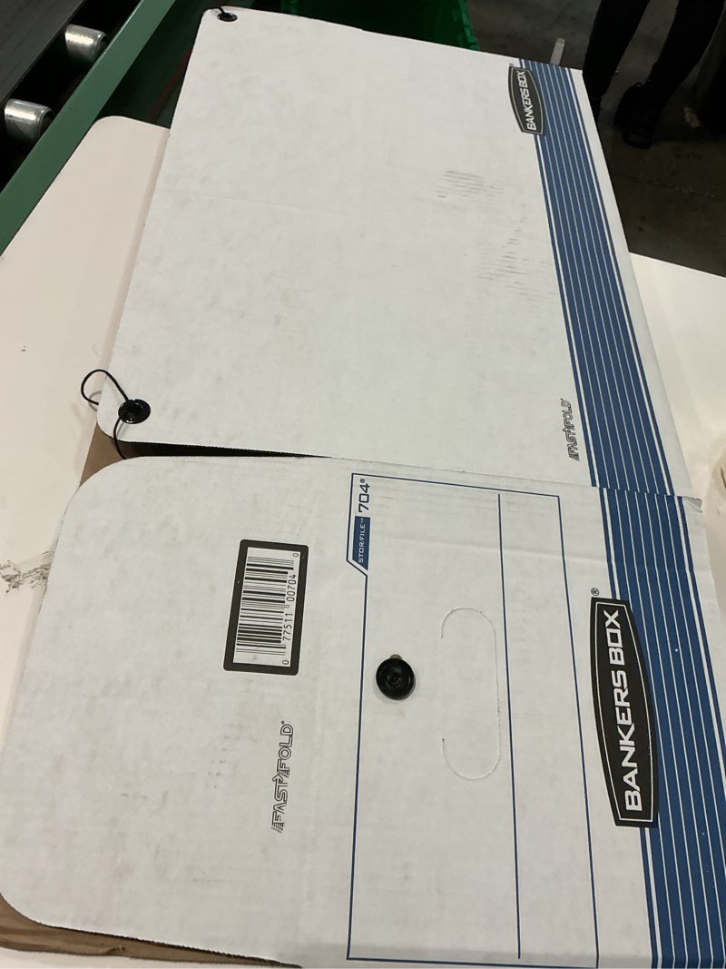 Condition photo showing As Is for Bankers Box 12 Pack Stor/File Medium-Duty Storage Boxes  String and Button And Built-In Handles  FastFold  Letter Size  24  x 12  x 10