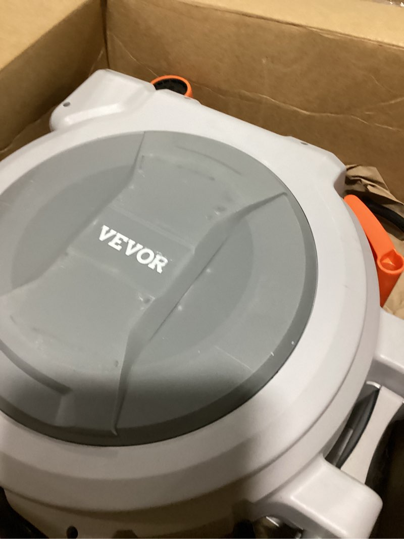 Condition photo showing As Is for vevor retractable garden hose reel, 1/2 in x 130 ft, wall mounted hose reel with 9-function sprayer nozzle and 180° swivel bracket, any length lock, automatic slow rewind system, for garden watering 1/2" 130ft