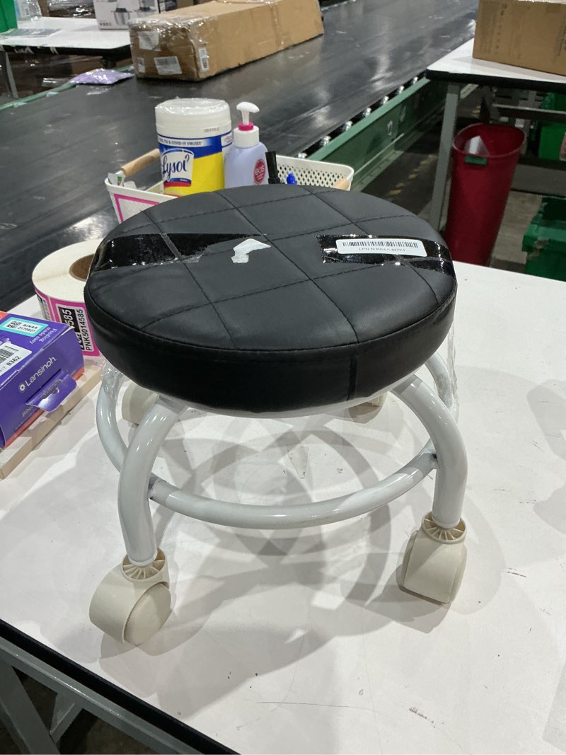 Condition photo showing As Is for nihome universal wheel rolling stool, low roller seat with reinforced 360° swivel wheels & thick metal frame, 360° movement comfortable ergonomic cushion seating, quick two-step assembly (black) one size black