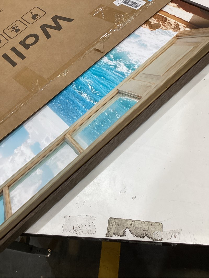 Condition photo showing Good Condition for framed window beach scene wall art, blue ocean vertical coastal canvas painting prints, summer seascape wave artworks for living room entryway hallway office wall decor, 24x36 inch walnut window - 1 pcs