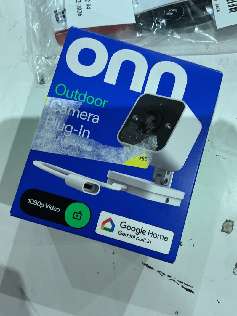 Condition photo showing As Is for onn outdoor camera plug-in, 1080p hdr video, with google home and gemini – search video history, event descriptions