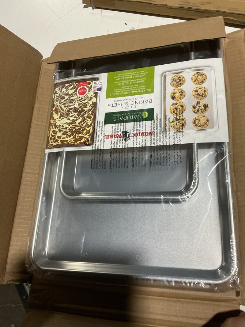 Condition photo showing Good Condition for nordic ware naturals half sheet and quarter sheet baking set - usa made aluminum commercial quality sheet pans for baking or roasting, encapsulated galvanized steel rim prevents warping