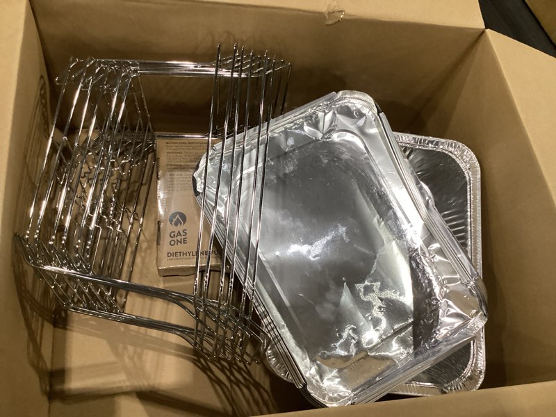 Condition photo showing New/Like New for alpha living 6 pack - disposable chafing dish buffet set, half size pans, welded body food warmers for parties, fuel cans complete set, warming trays complete kit (with racks)