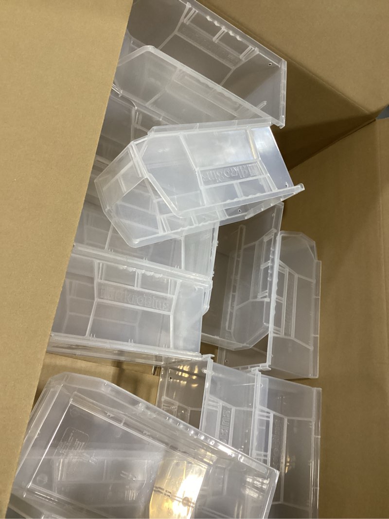 Condition photo showing Good Condition for Akro-Mils 30220 AkroBins Plastic Storage Bins, Space-Saving Stackable Bins for Garage, Pantry, Craft Organization, 7-Inch x 4-Inch x 3-Inch, Clear, 24-Pack Clear Containers