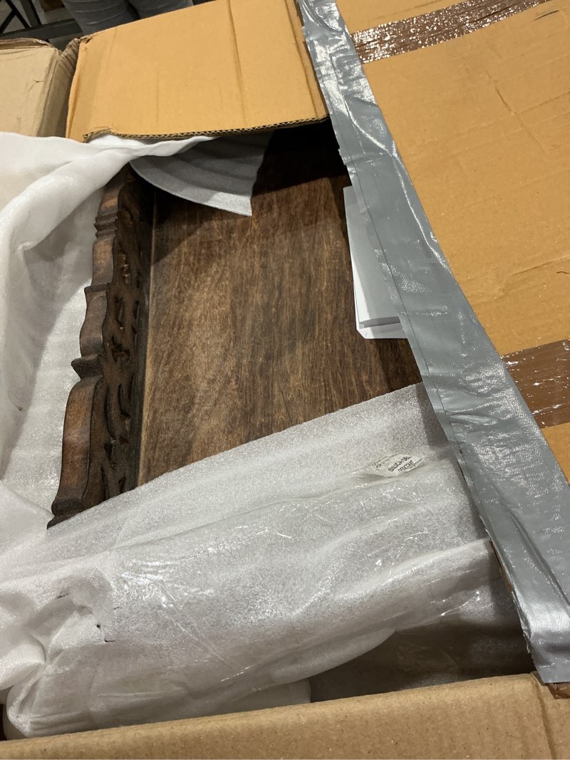 Condition photo showing Good Condition for rectangular wooden coffee table 36x24x18 inch – beige finish with cutwork jali carving, rustic farmhouse style, mid-century modern living room furniture white wash 36x18 - rectangular jali coffee table
