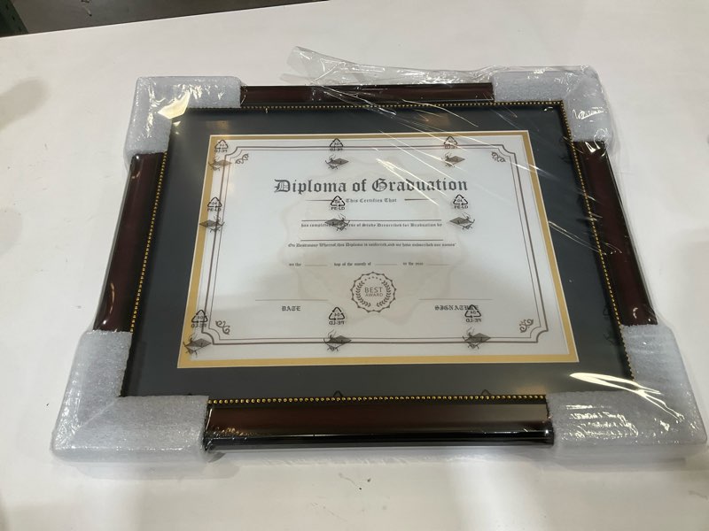Condition photo showing Good Condition for GraduationMall 8.5x11 Diploma Frame with Black over Gold Mat or Display 11x14 Document without Mat, UV Protection Acrylic, Mahogany with Gold Beads Mahogany With Gold Beading 11x14 or 8.5x11 With Mat