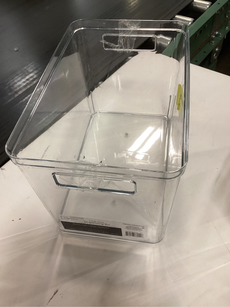 Condition photo showing New/Like New for mainstays large deep clear plastic pantry storage bin organizer, kitchen cabinet, fridge, shelf and countertop storage container for pantry organization, 12" x 7.5" x 8"
